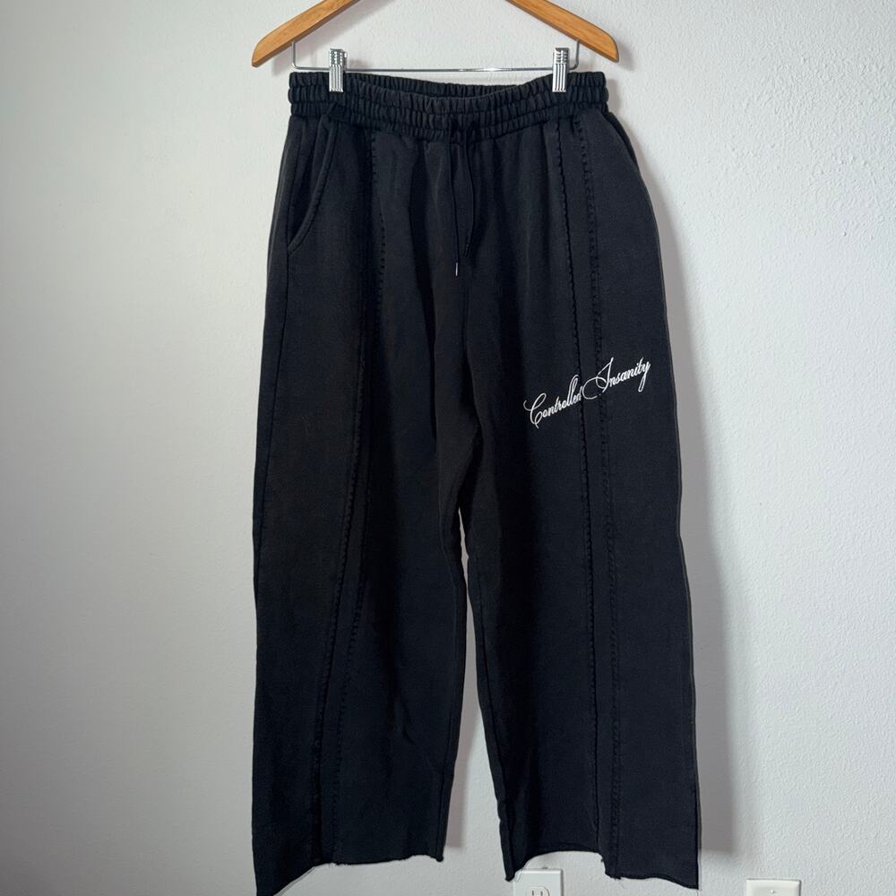 Controlled Insanity Wide Leg Sweatpants Large Black Heavyweight Cotton Raw Hem